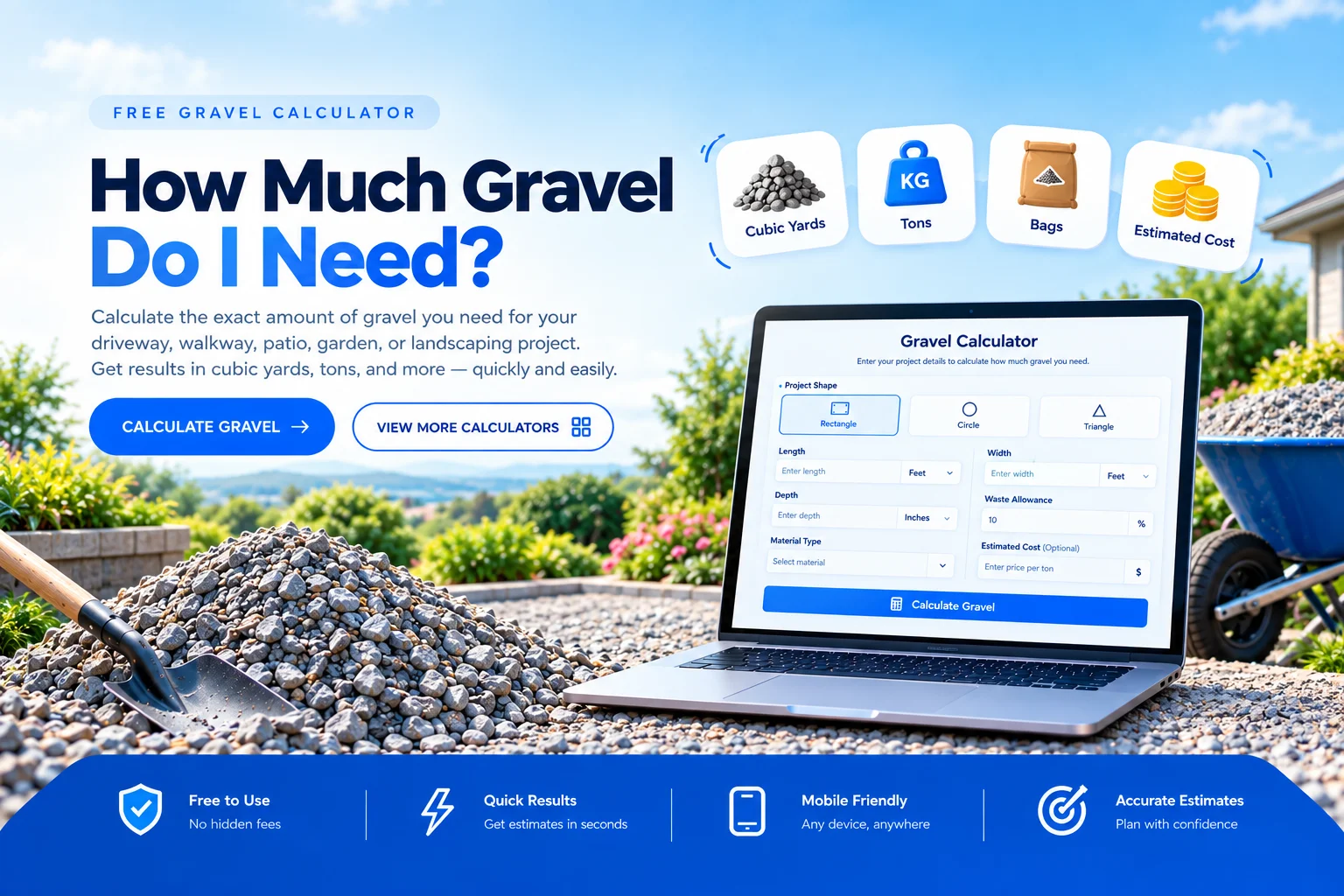 How much gravel do I need calculator showing gravel quantity, depth, cubic yards, and tons